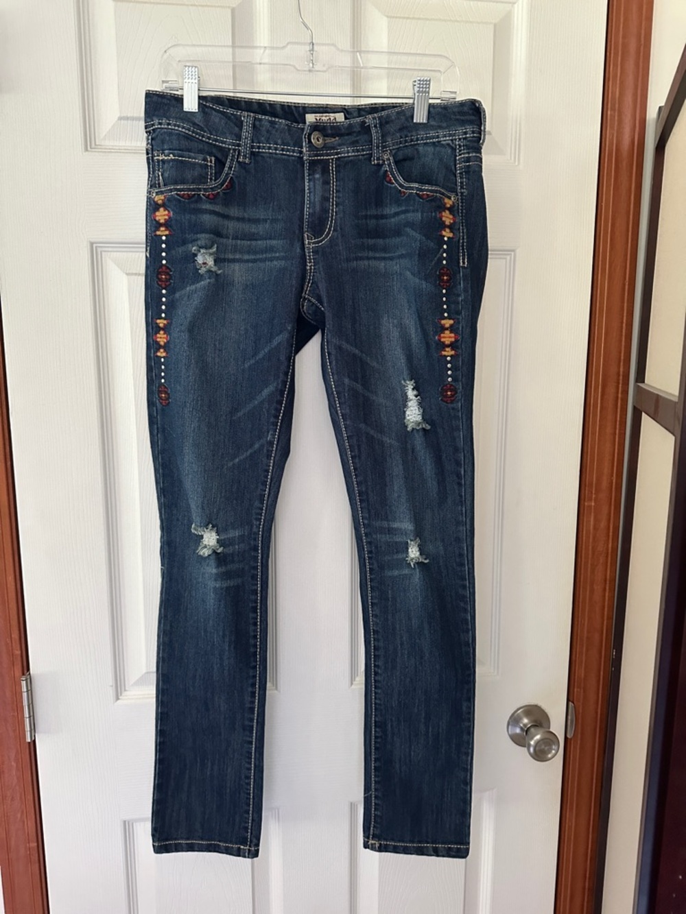 MUDD Women's Dark Blue Distressed Skinny Jeans with Embroidered Bead Detail